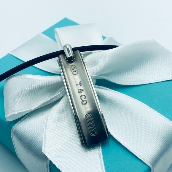 Tiffany & Co. 1837 Bar Pendant Rubber Cord Necklace with BOX - Picture 2 of 11